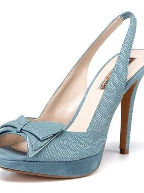 Retro Slingback Peep-Toe Platform High Heel in Light Blue with Bow- Rose Gold